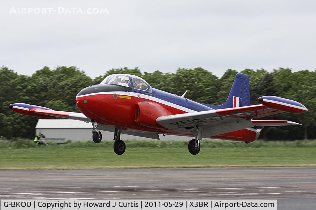 G-BKOU, 1961 Hunting P-84 Jet Provost T.3 C/N PAC/W/13901, XN637, just about to touch down.