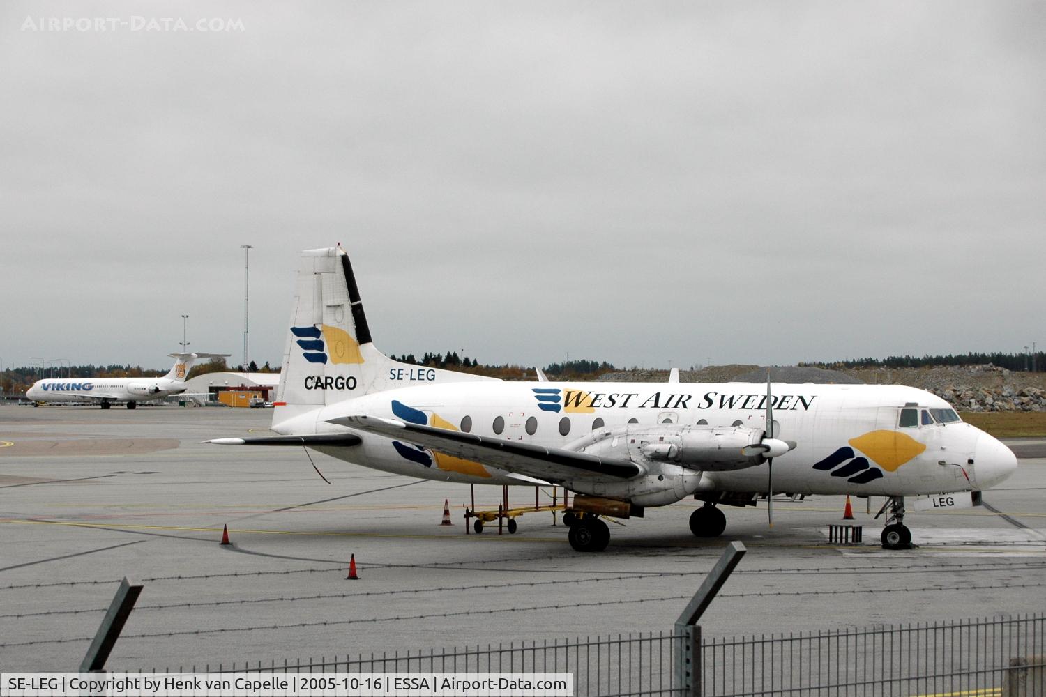 SE-LEG, 1975 Hawker Siddeley HS.748 Series 2A C/N 1723, A Hawker Siddeley HS.748 of West Air Sweden parked on the platform of Stockholm Arlanda airport.