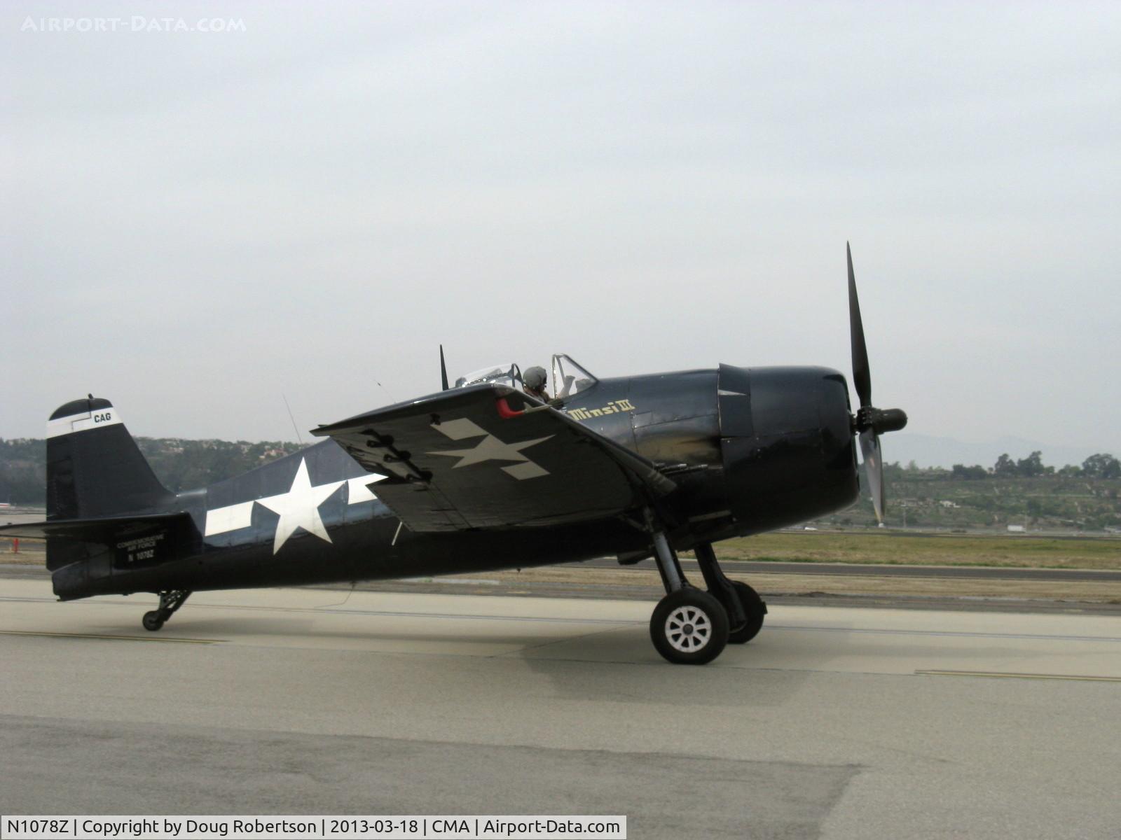 N1078Z, 1963 Grumman F6F-5 Hellcat C/N 27354801-66, 1963 S & S Special/Grumman F6F-5 HELLCAT 'MINSI III', P&W R-1820 10W Double Wasp 2.200 Hp, taxi back from escorting N529B B-29 'FIFI' in formation overflights. See these overflight photos in my Airports CMA section.
