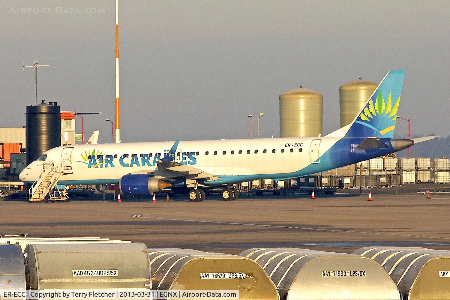 ER-ECC, 2007 Embraer 190LR (ERJ-190-100LR) C/N 19000130, Air Caraibes' 2007 Embraer ERJ-190-100LR 190LR, c/n: 19000130 ex F-OSUD - arrived at East Midlands the previous evening as MLD9017.  On the East Cargo ramp awaiting space in the paint shop to be painted in Air Moldovia colours
