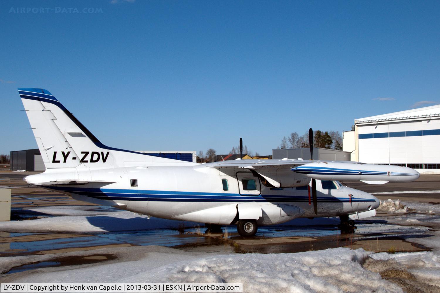 LY-ZDV, 1981 Mitsubishi MU-2B-60 Marquise C/N 1515, Mu-2 parked between snow patches at Nyköping Skavsta airport, Sweden.