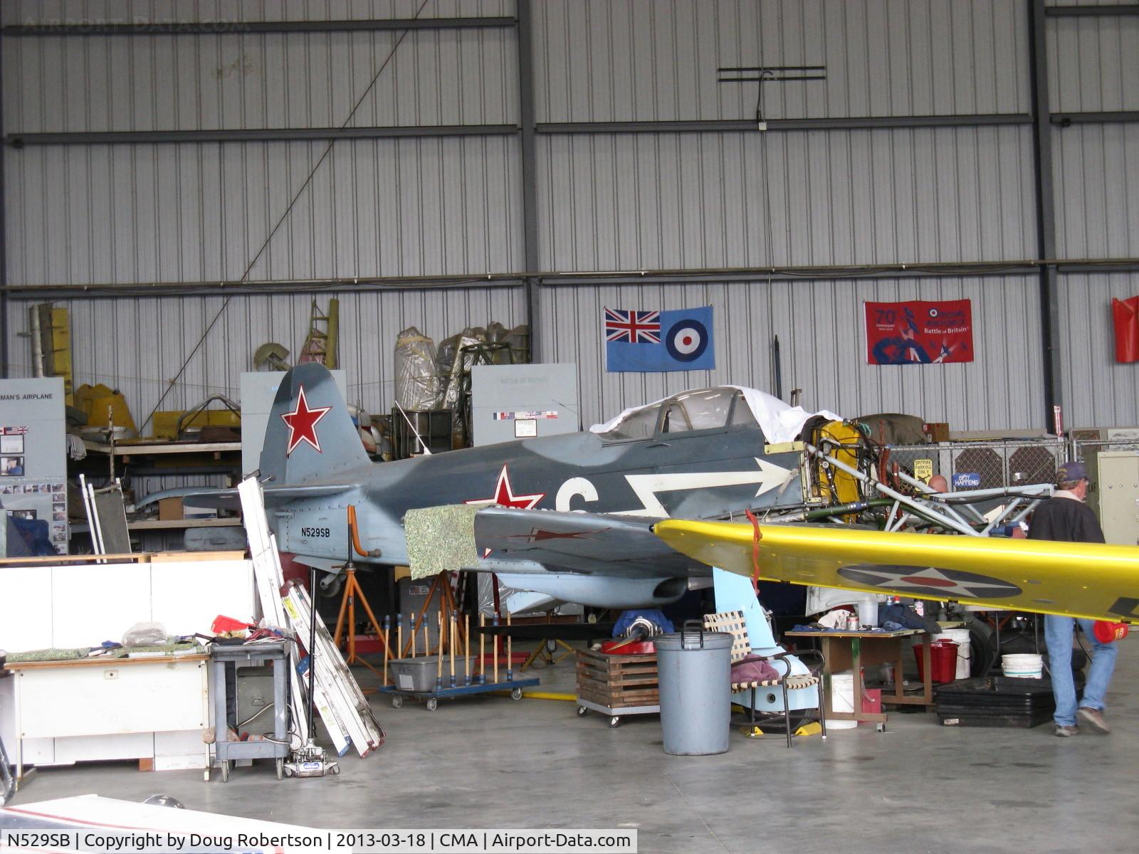 N529SB, 1945 Yakovlev Yak-3M C/N 0470104, 1945 Yakovlev YAK-3M, Klimov VK-105PF-2 V-12 1,300 Hp replica with aluminum wings vice wood of original. Undergoing major maintenance/repair at CAF Hangar. Experimental class