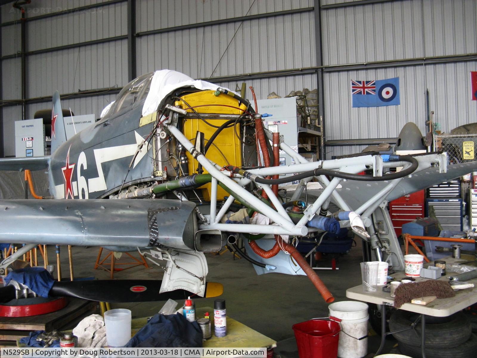 N529SB, 1945 Yakovlev Yak-3M C/N 0470104, 1945 Yakovlev YAK-3M, Klimov VK-105PF-2 V-12 1,300 Hp, a lightweight mostly wood dogfighter with remarkable maneuverability and exceptional climb rate 4,265 ft/minute. Undergoing major work in CAF Hangar.