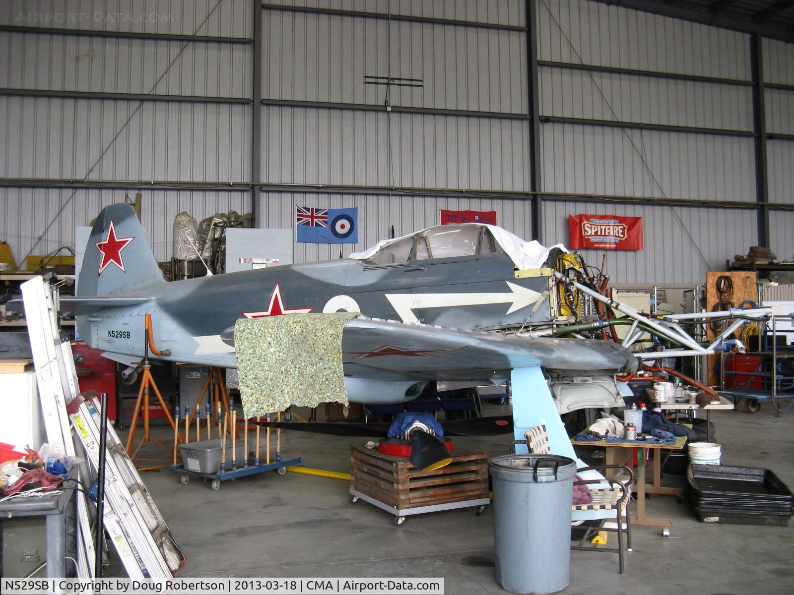 N529SB, 1945 Yakovlev Yak-3M C/N 0470104, 1945 Yakovlev YAK-3M, Klimov VK-105PF-2 V-12 1,300 Hp Russian mostly wood dogfighter undergoing major work in CAF Hangar. Max speed 407 mph, Ceiling 35,105 ft. 20mm cannon firing thru prop hub, two 0.5 in. mgs.