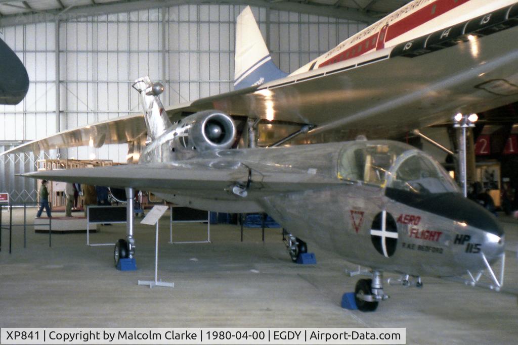 XP841, 1961 Handley Page HP.115 C/N H1-1, Designed to investigate the slow speed characteristics of slender delta wing shape in relationship to Concorde development, Handley Page HP.115 is preserved at the Fleet Air Arm Museum, RNAS Yeovilton. To the rear is Concord G-BSST.