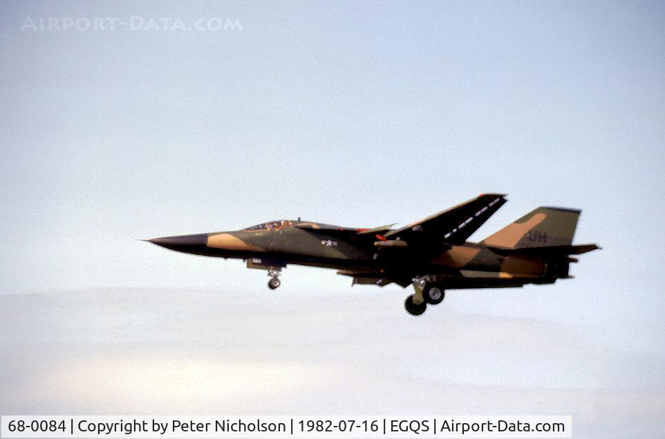 68-0084, 1968 General Dynamics F-111E Aardvark C/N A1-253, F-111E of 77th Tactical Fighter Squadron/20th Tactical Fighter Wing based at RAF Upper Heyford on final approach to Runway 23 at RAF Lossiemouth in the Summer of 1982.