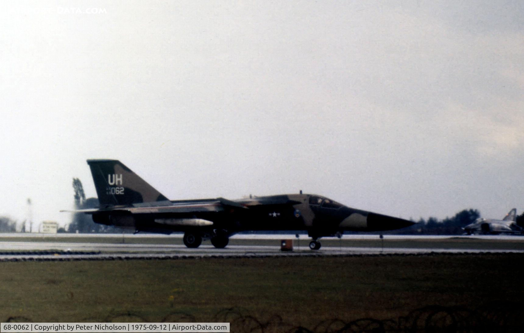 68-0062, 1968 General Dynamics F-111E Aardvark C/N A1-231, F-111E of 55th Tactical Fighter Squadron/20th Tactical Fighter Wing taxying to the active runway at RAF Upper Heyford in September 1975.