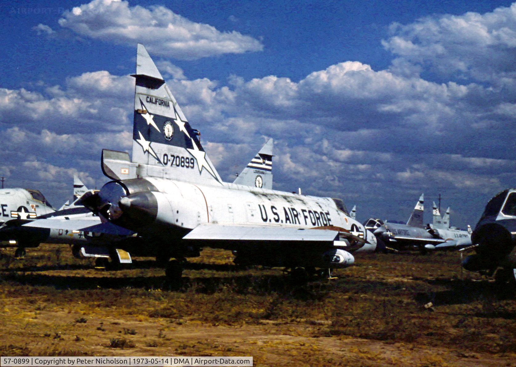 57-0899, 1957 Convair F-102A Delta Dagger C/N Not found 57-0899, F-102A Delta Dagger of 196th Fighter Interceptor Squadron California ANG in storage at what was then known as the Military Aircraft Storage & Disposition Centre - MASDC - in May 1973.