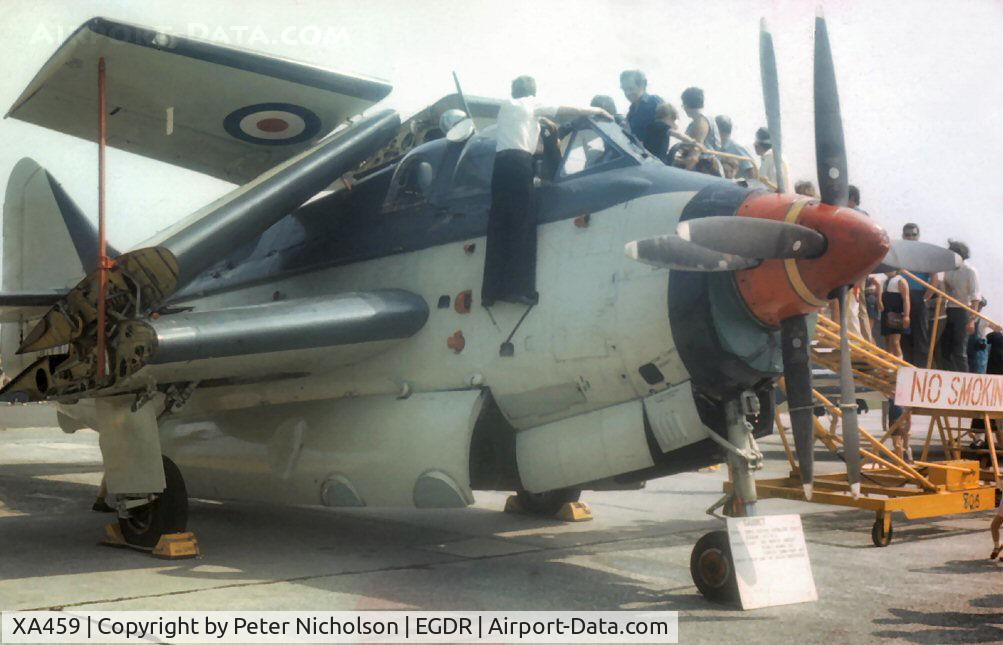 XA459, Fairey Gannet ECM.6 C/N F9312, Gannet ECM.6 of the School of Aircraft Handling on display at the RNAS Culdrose Airshow in 1972.
