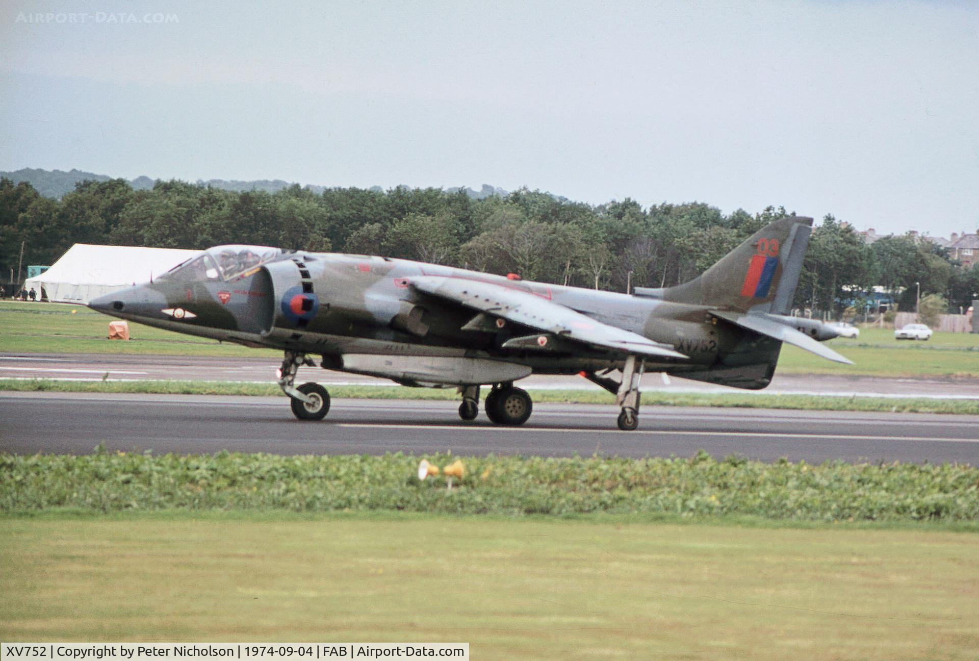 XV752, 1969 Hawker Siddeley Harrier GR.3 C/N 712015, Harrier GR.3 of 1 Squadron based at RAF Wittering in action at the 1974 Farnborough Airshow.
