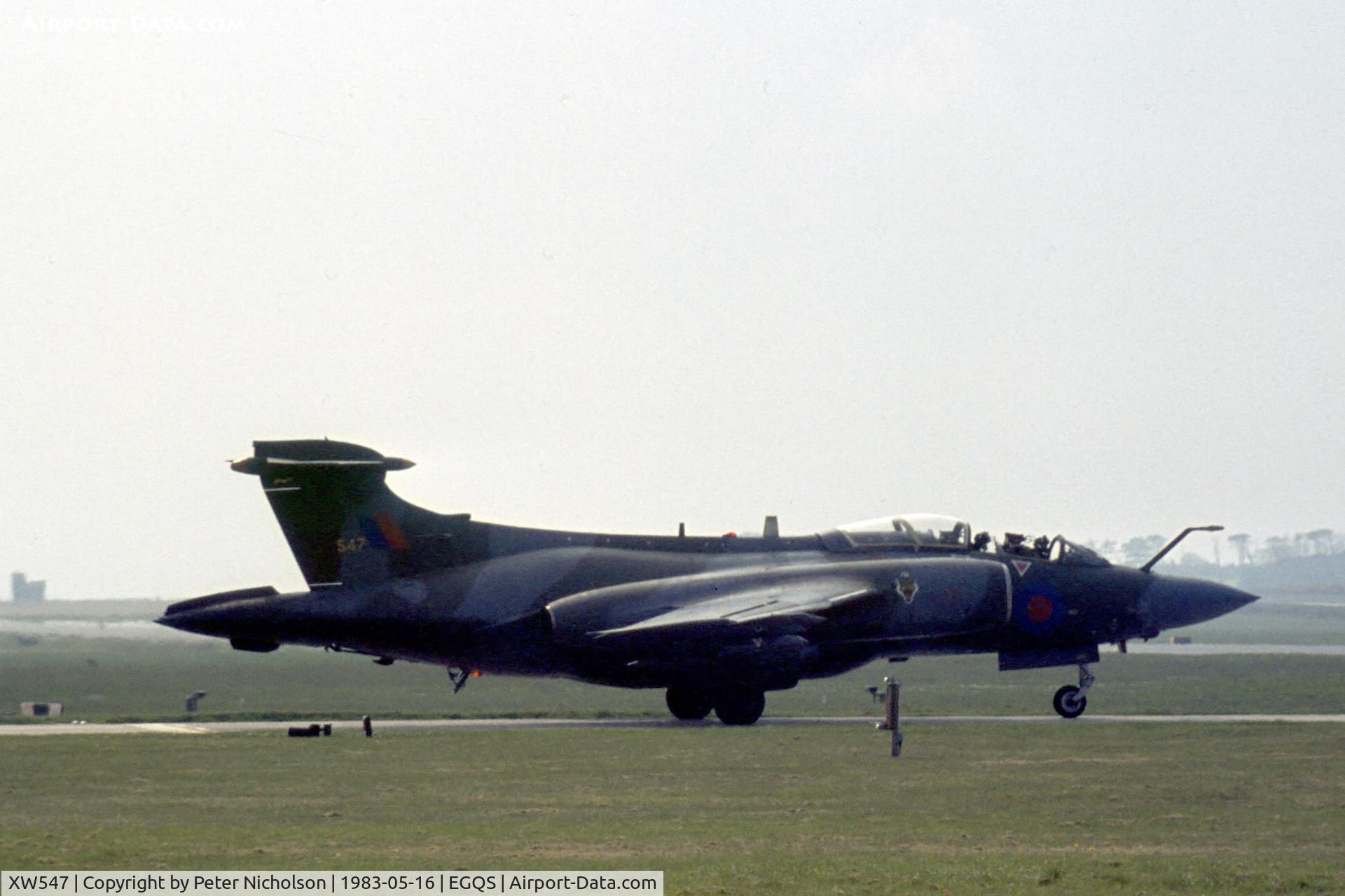 XW547, 1972 Hawker Siddeley Buccaneer S.2B C/N B3-08-71, Buccaneer S.2B of 12 Squadron preparing to join the active runway at RAF Lossiemouth in May 1983.