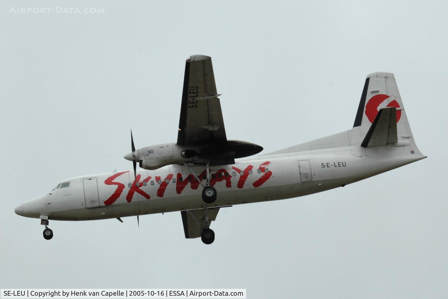SE-LEU, 1988 Fokker 50 C/N 20115, Skyways Fokker 50 approaching Stockholm Arlanda airport, Sweden.