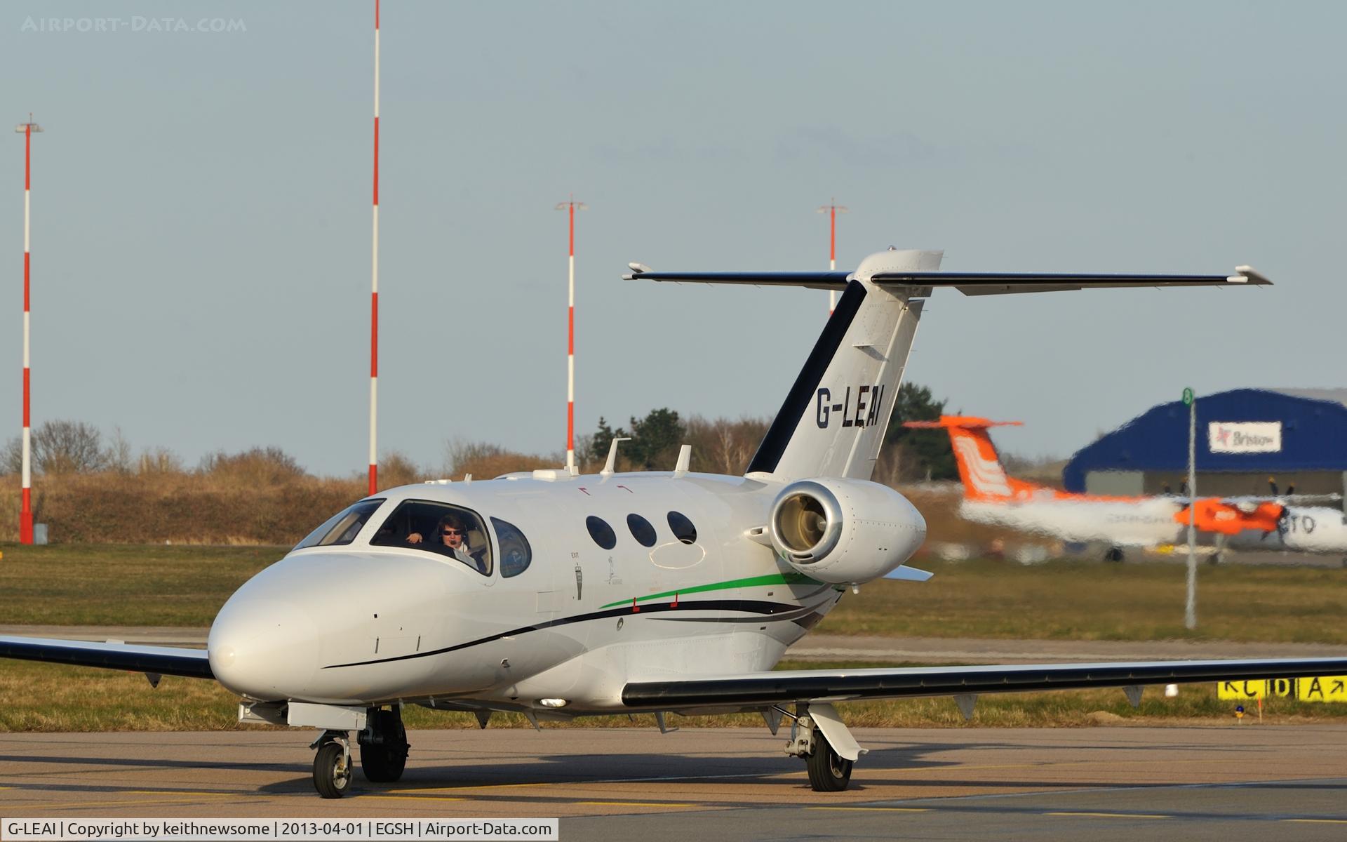 G-LEAI, 2007 Cessna 510 Citation Mustang Citation Mustang C/N 510-0052, Nice visitor taxying into the evening sun.