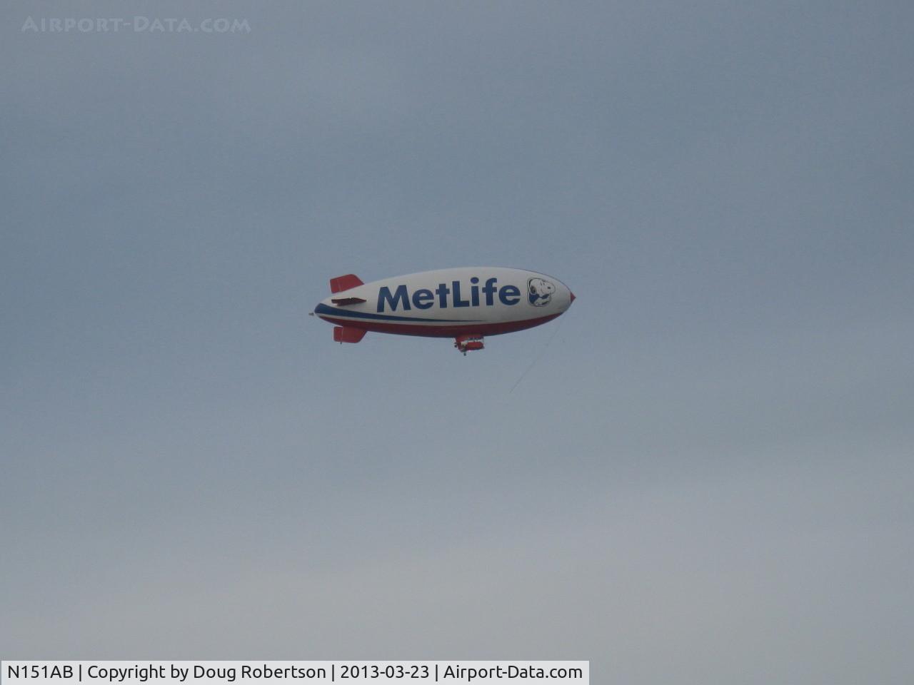 N151AB, 1997 American Blimp Corp A-1-50 C/N 101, 1997 American Blimp Corp. A-1-50 'SNOOPY 2', helium non-rigid internally-lighted for night advertising, two Lycoming IO-360 pushers, 10 place gondola, taken from Honeysuckle Dr. N. Oxnard enroute to CMA?