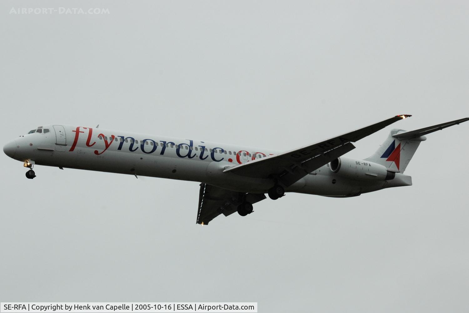 SE-RFA, 1988 McDonnell Douglas MD-83 (DC-9-83) C/N 49623/1499, Flynordic MD-83 approaching Stockholm Arlanda airport, Sweden.
