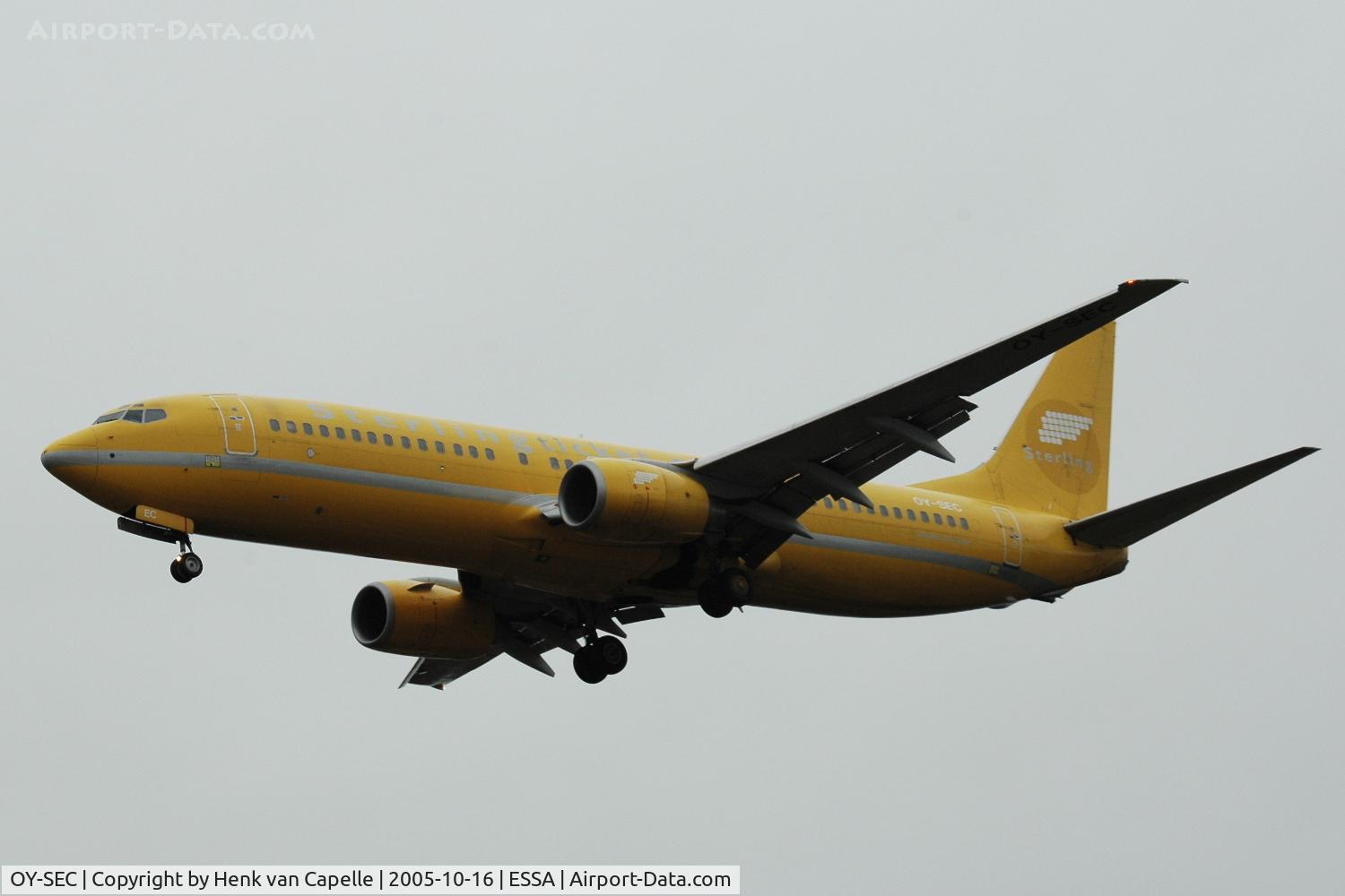 OY-SEC, 1999 Boeing 737-8Q8 C/N 28221, Sterling European Airlines Boeing 737-800 approaching Stockholm Arlanda airport, Sweden.
