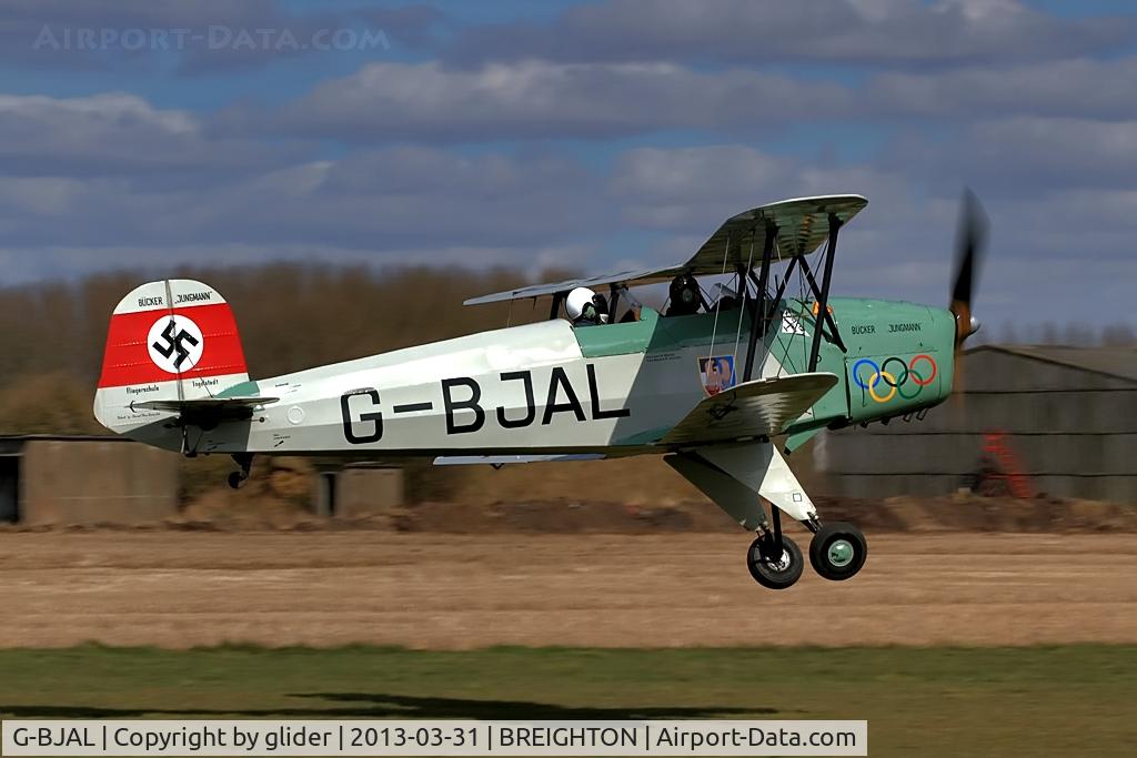 G-BJAL, 1957 Bucker 1-131E Jungmann C/N 1028, Rear seaters new helmet getting an airing!!