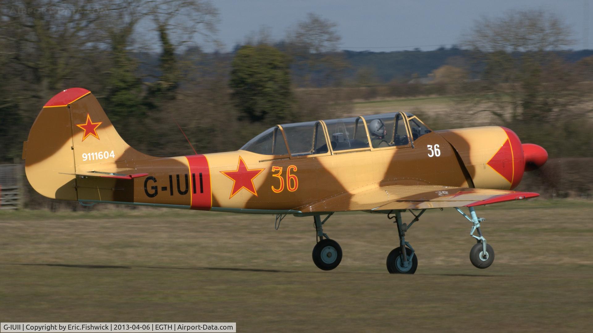 G-IUII, 1991 Yakovlev (Aerostar) Yak-52 C/N 9111604, 2. Immaculate YAK 52 departing The Shuttleworth Collection at Old Warden.