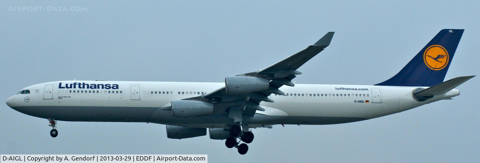 D-AIGL, 1996 Airbus A340-313 C/N 135, Lufthansa, seen here on short finals RWY 25L at Frankfurt Int´l (EDDF)