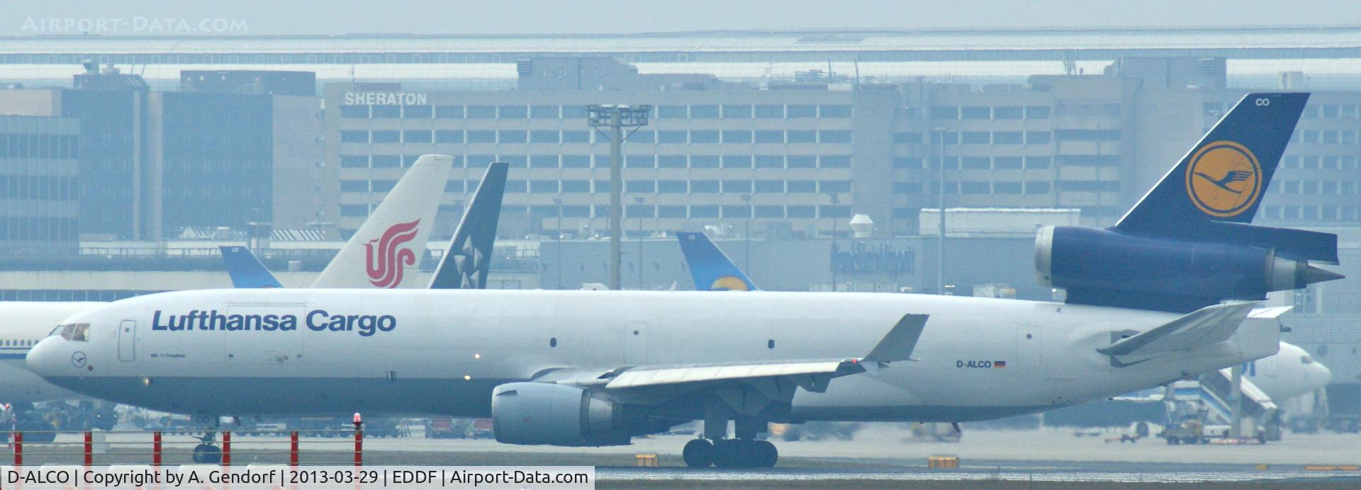 D-ALCO, 1992 McDonnell Douglas MD-11F C/N 48413, Lufthansa Cargo, is lining up RWY 25C at Frankfurt Int´l (EDDF)