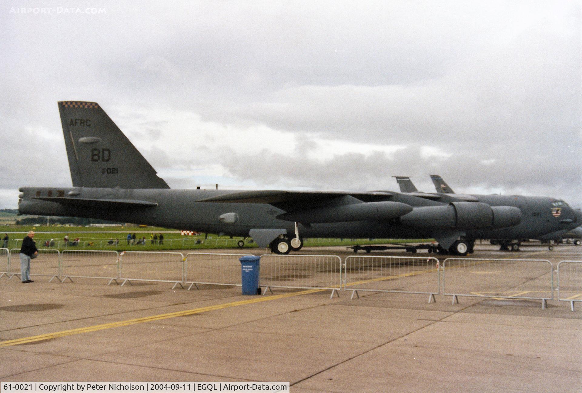 61-0021, 1961 Boeing B-52H Stratofortress C/N 464448, B-52H Stratofortress, callsign Scalp 97, of 93rd Bomb Squadron/917th Wing at Barksdale AFB on display at the 2004 RAF Leuchars Airshow.