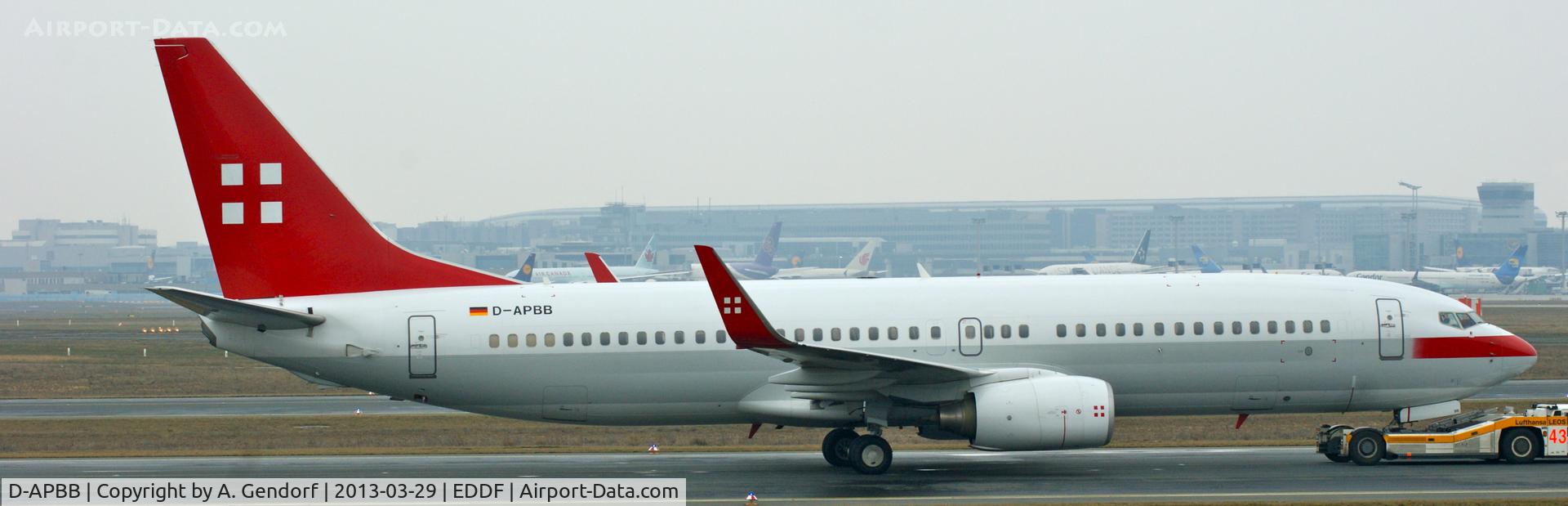 D-APBB, 2008 Boeing 737-8Q8 C/N 35278, Privatair, is been towed to the gate at Frankfurt Int´l (EDDF)