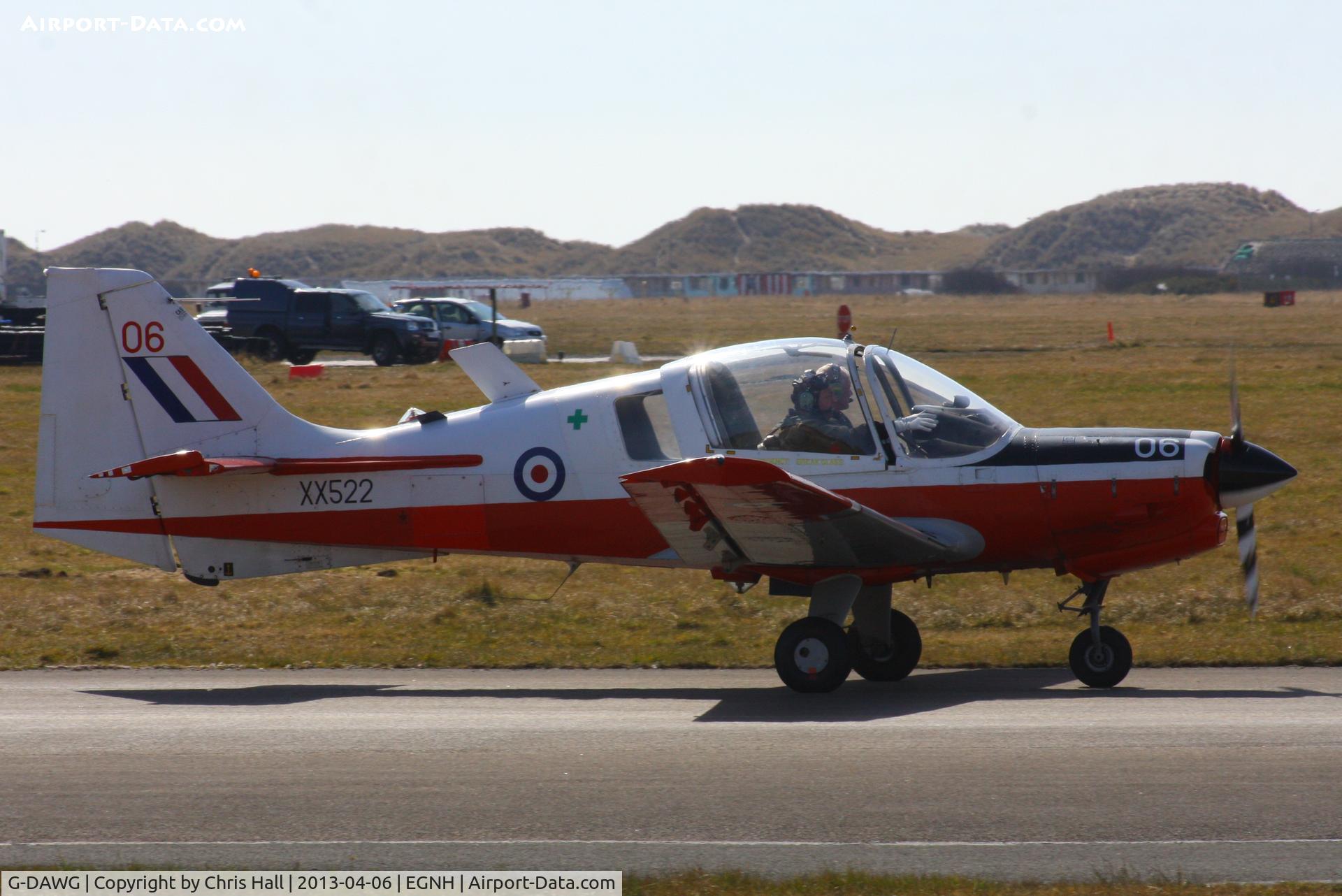 G-DAWG, 1973 Scottish Aviation Bulldog T.1 C/N BH120/208, after sitting in a hangar at Barton gathering dust for several years, this Bulldog was moved by road to Blackpool and is back flying again