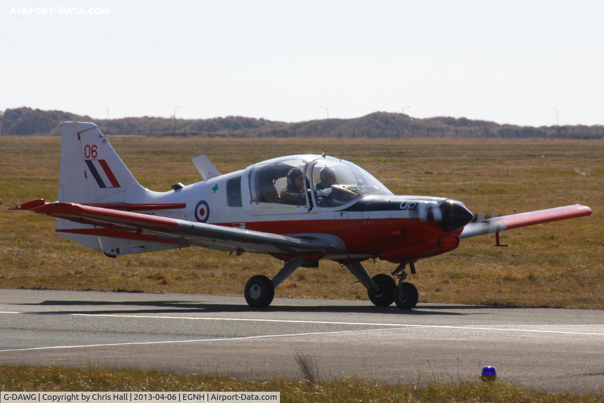 G-DAWG, 1973 Scottish Aviation Bulldog T.1 C/N BH120/208, after sitting in a hangar at Barton gathering dust for several years, this Bulldog was moved by road to Blackpool and is back flying again