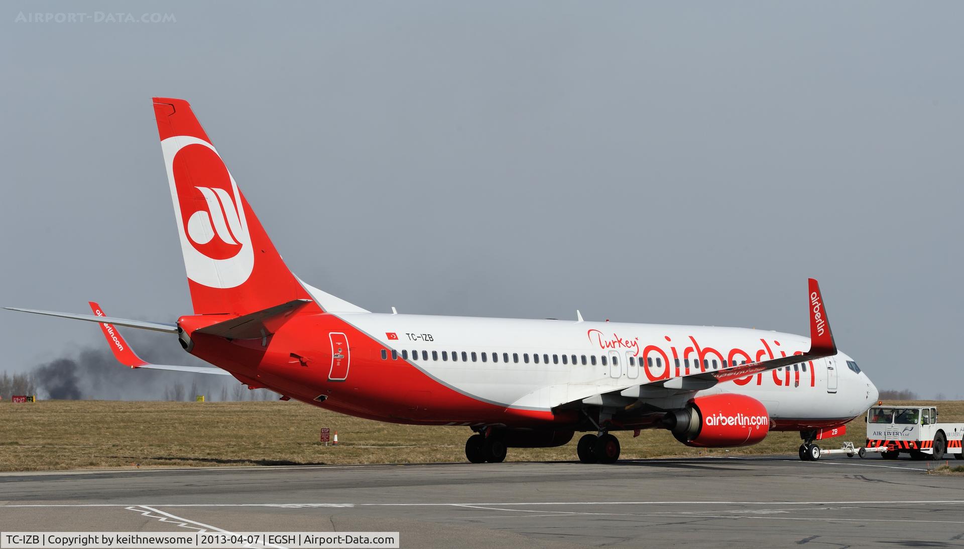 TC-IZB, 2009 Boeing 737-86J C/N 37743, AirBerlin'Turkey' being towed to spray shop.