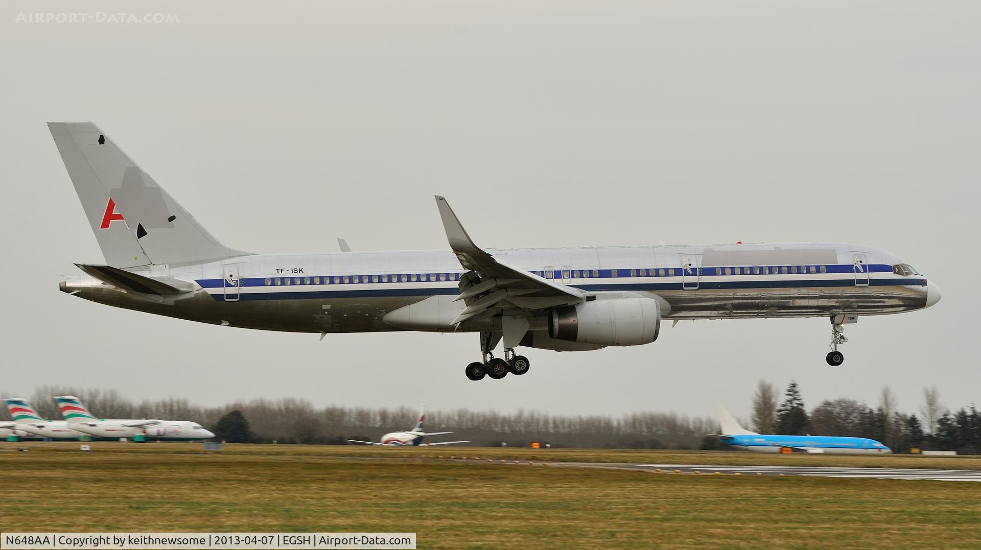 N648AA, 1991 Boeing 757-223 C/N 24606, This airframe is now TF-ISK seen arriving at Norwich for re spray, to Icelandair colour scheme ??