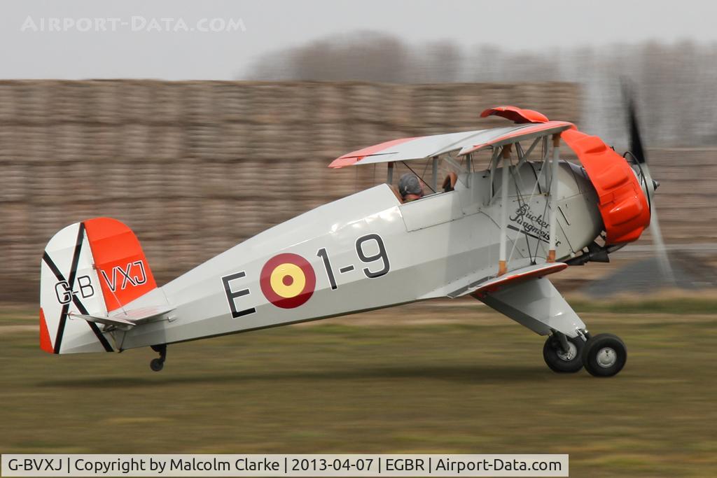 G-BVXJ, 1937 Bucker Bu-133C Jungmeister C/N E-19, CASA 1-133C Jungmeister G-BVXJ at The Real Aeroplane Clubs Spring Fly-In, April 2013. A problem with the engine cowling brought its display to an early end. The aircraft landed safely.
