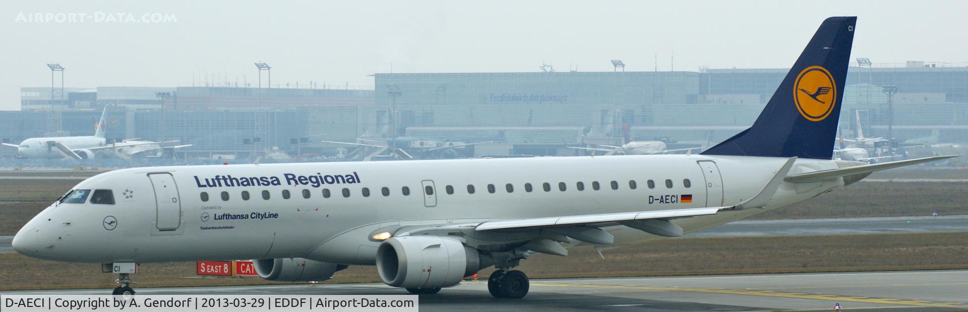 D-AECI, 2010 Embraer 190LR (ERJ-190-100LR) C/N 19000381, Lufthansa Regional, is taxiing to RWY 18 for take off at Frankfurt Int´l (EDDF)
