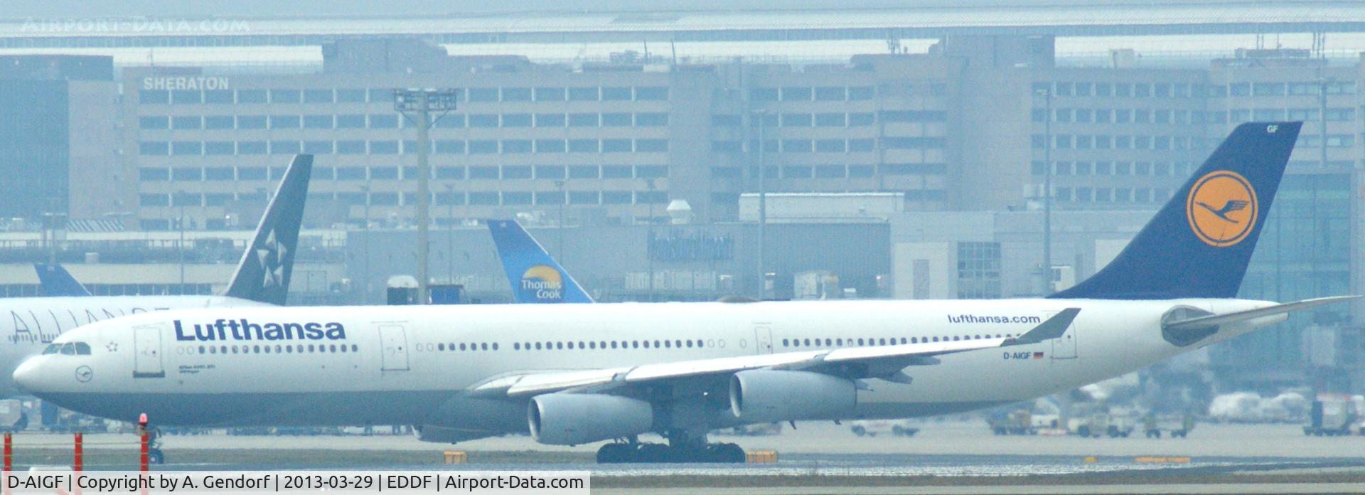 D-AIGF, 1994 Airbus A340-311 C/N 035, Lufthansa, short before take off at Frankfurt Int´l (EDDF)