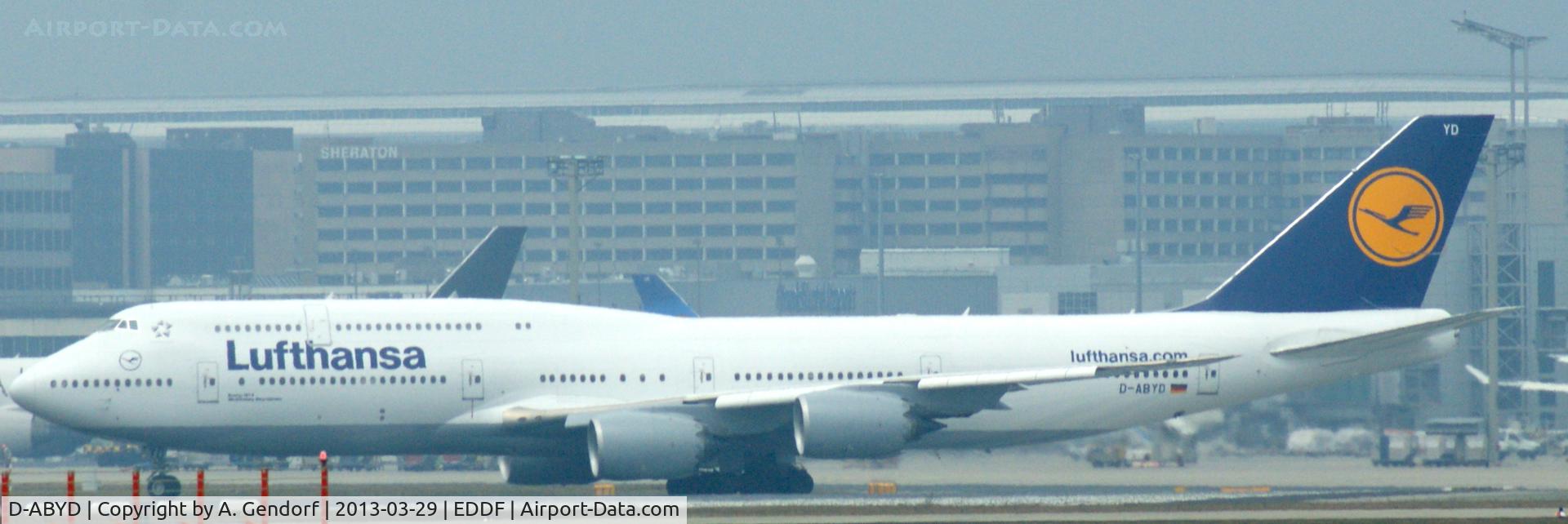 D-ABYD, 2012 Boeing 747-830 C/N 37829, Lufthansa, is lining up RWY 25C at Frankfurt Int´l (EDDF)