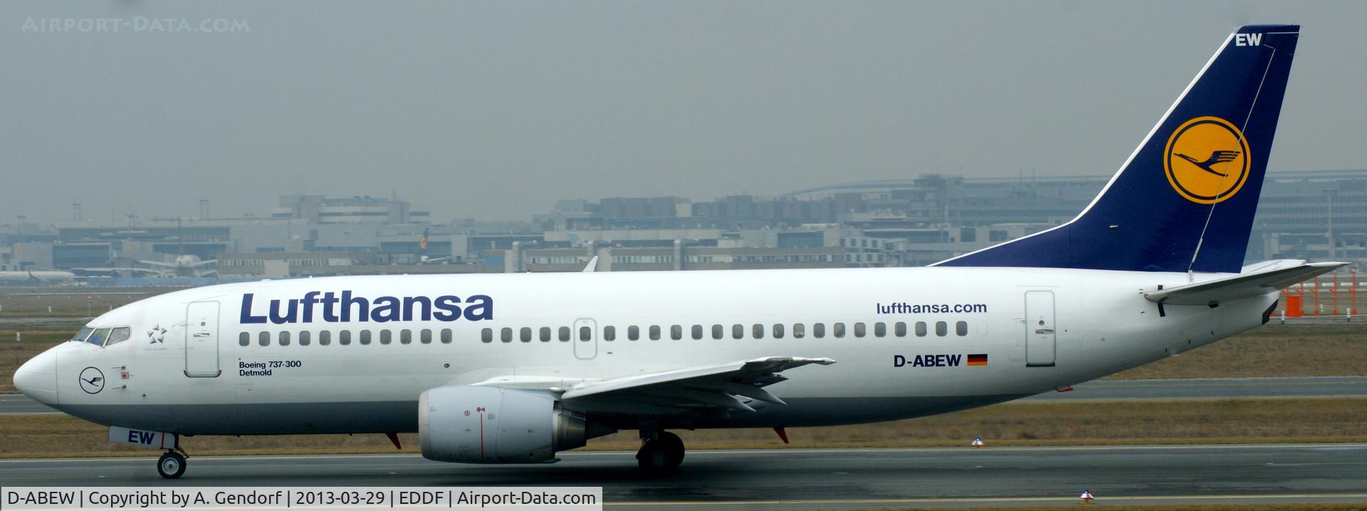 D-ABEW, 1995 Boeing 737-330 C/N 27905, Lufthansa, is taxiing to RWY 18 at Frankfurt Int´l (EDDF) for departure