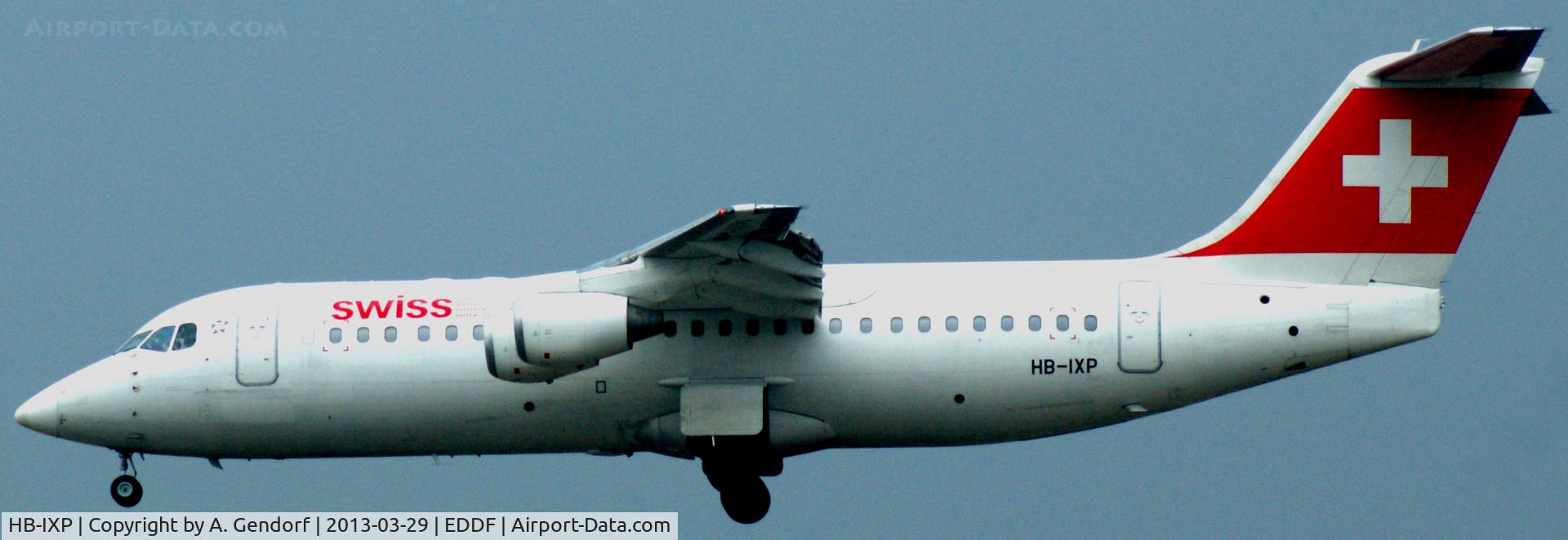 HB-IXP, 1996 British Aerospace Avro 146-RJ100 C/N E3283, Swiss, on short finals RWY 25L at Frankfurt Int´l (EDDF)