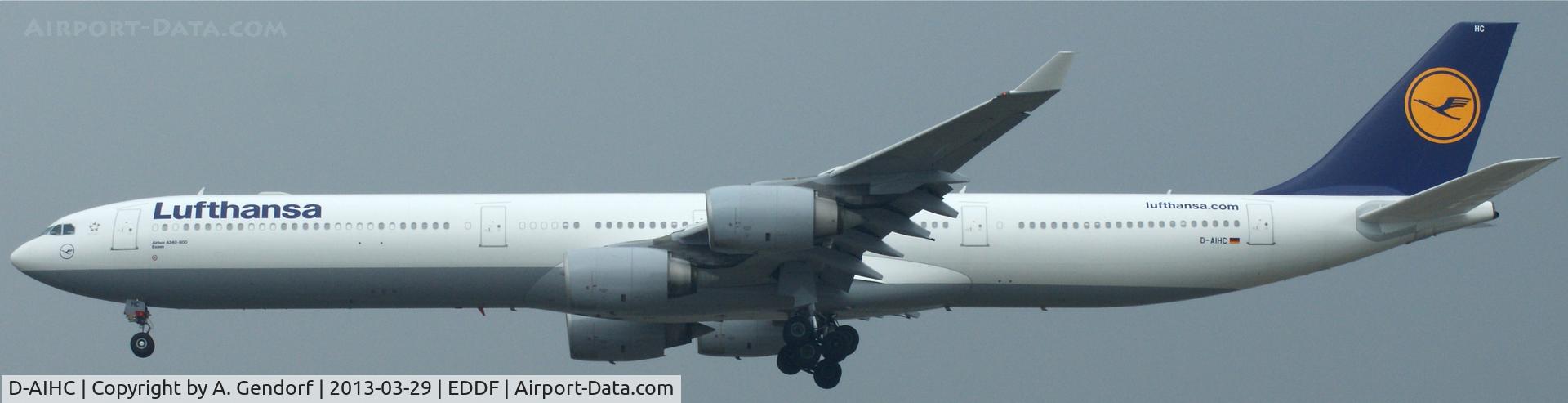 D-AIHC, 2003 Airbus A340-642 C/N 523, Lufthansa, arriving from a longhaul flight at Frankfurt Int´l (EDDF)