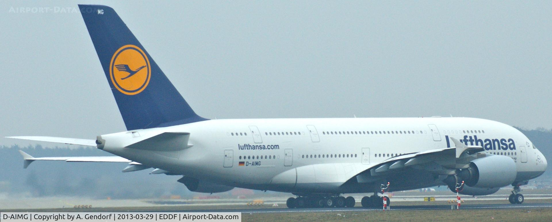D-AIMG, 2011 Airbus A380-841 C/N 069, Lufthansa, seen here departing Frankfurt Int´l (EDDF) via RWY 18
