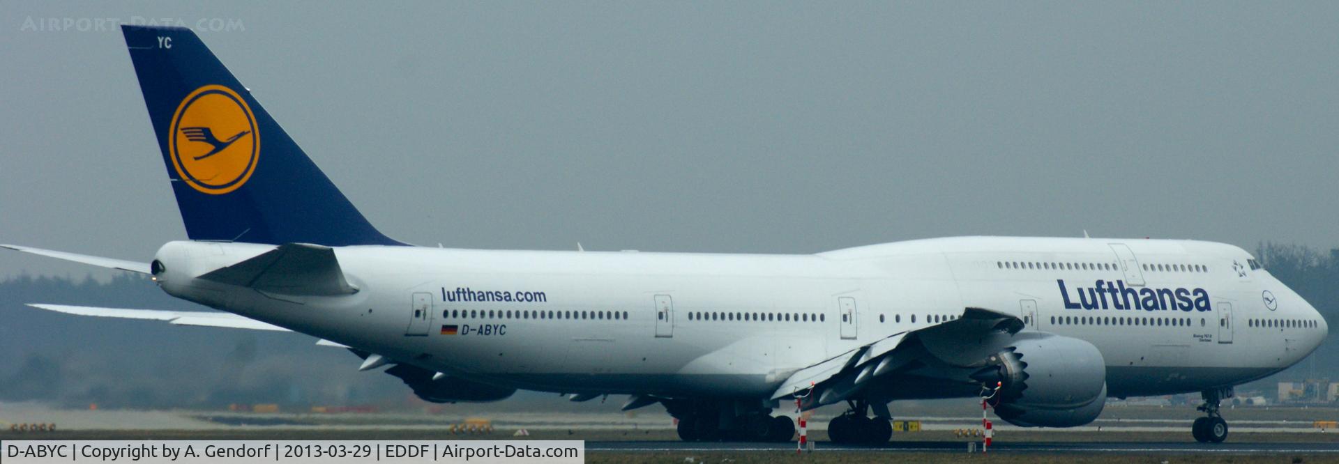 D-ABYC, 2012 Boeing 747-830 C/N 37828, Lufthansa, begins the take off roll at Frankfurt Int´l (EDDF)