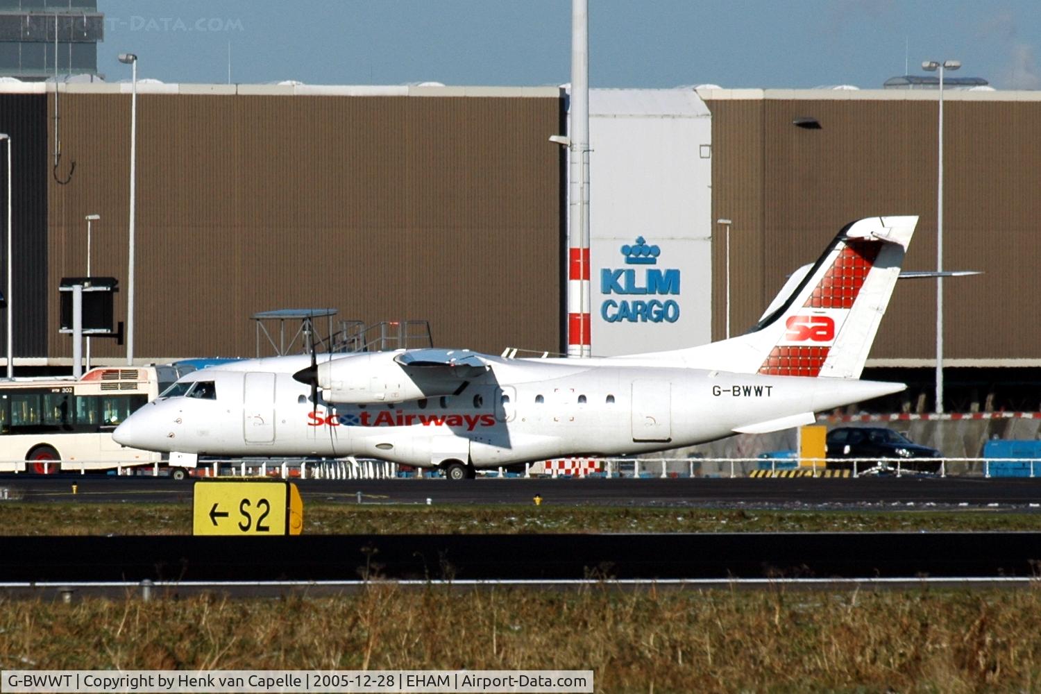 G-BWWT, 1995 Dornier 328-100 C/N 3022, Scot Airways Dornier 328 taxying at Amsterdam Schiphol airport, the Netherlands.