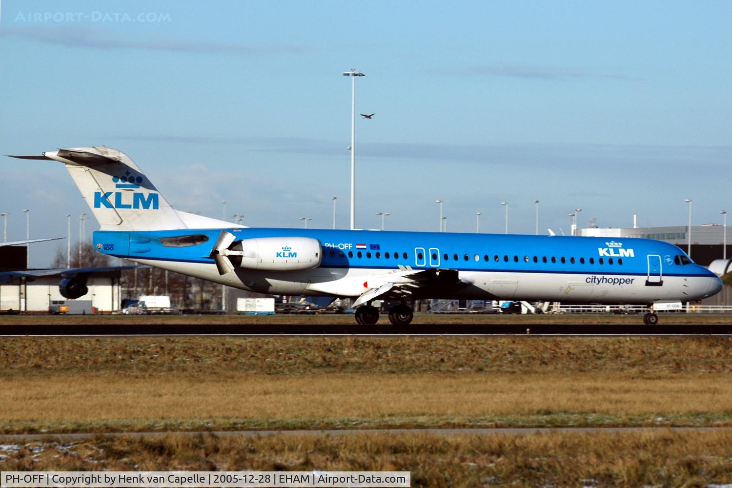 PH-OFF, 1989 Fokker 100 (F-28-0100) C/N 11274, KLM Fokker 100 landing, using its thrust reversers, at Amsterdam Schiphol airport, the Netherlands.