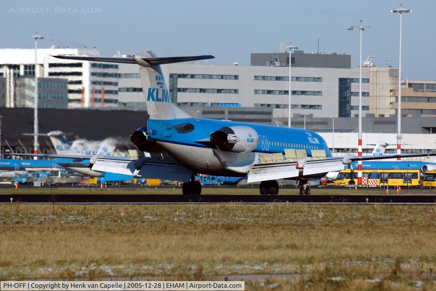 PH-OFF, 1989 Fokker 100 (F-28-0100) C/N 11274, KLM Fokker 100 turning off the runway at Amsterdam Schiphol airport, the Netherlands.