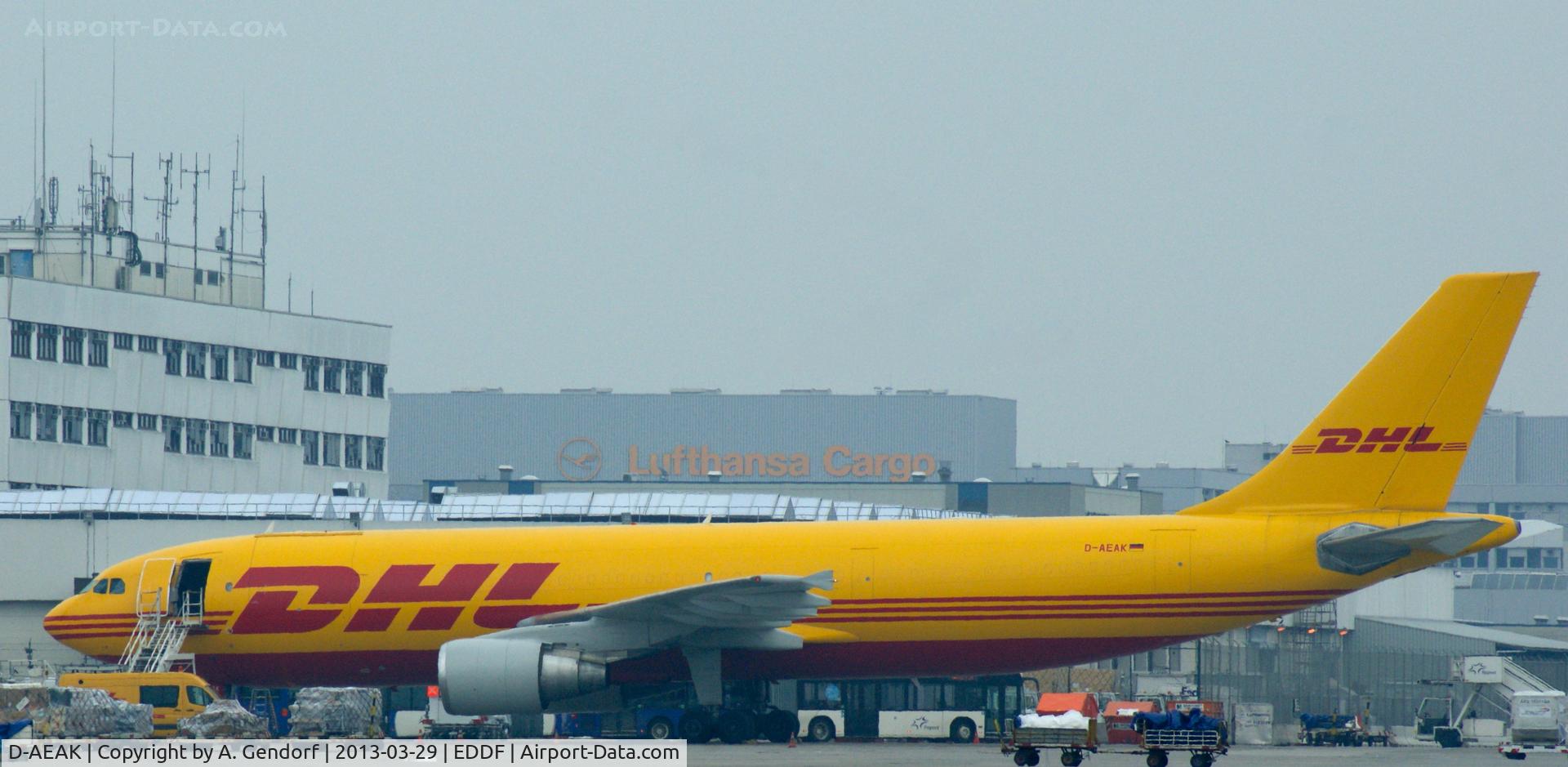 D-AEAK, 1992 Airbus A300B4-622R(F) C/N 670, EAT Leipzig (DHL cs.), is waiting on the cargo apron for the next flight. Frankfurt Int´l (EDDF)