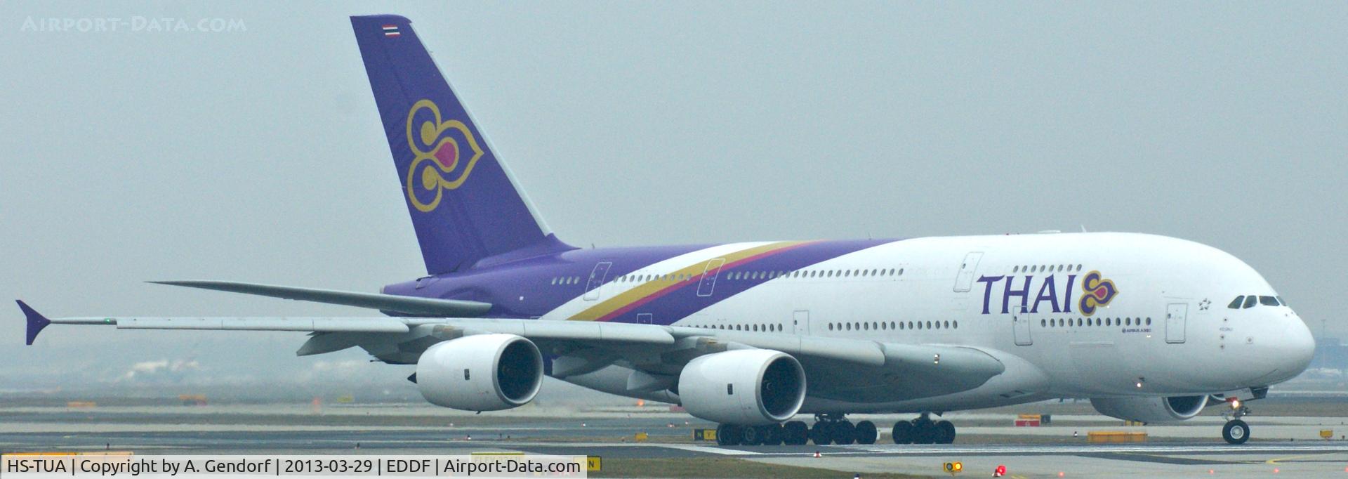 HS-TUA, 2012 Airbus A380-841 C/N 087, Thai Airways, is taxiing to RWY 18 for take off at Frankfurt Int´l (EDDF), bound for Bangkok (SBIA)