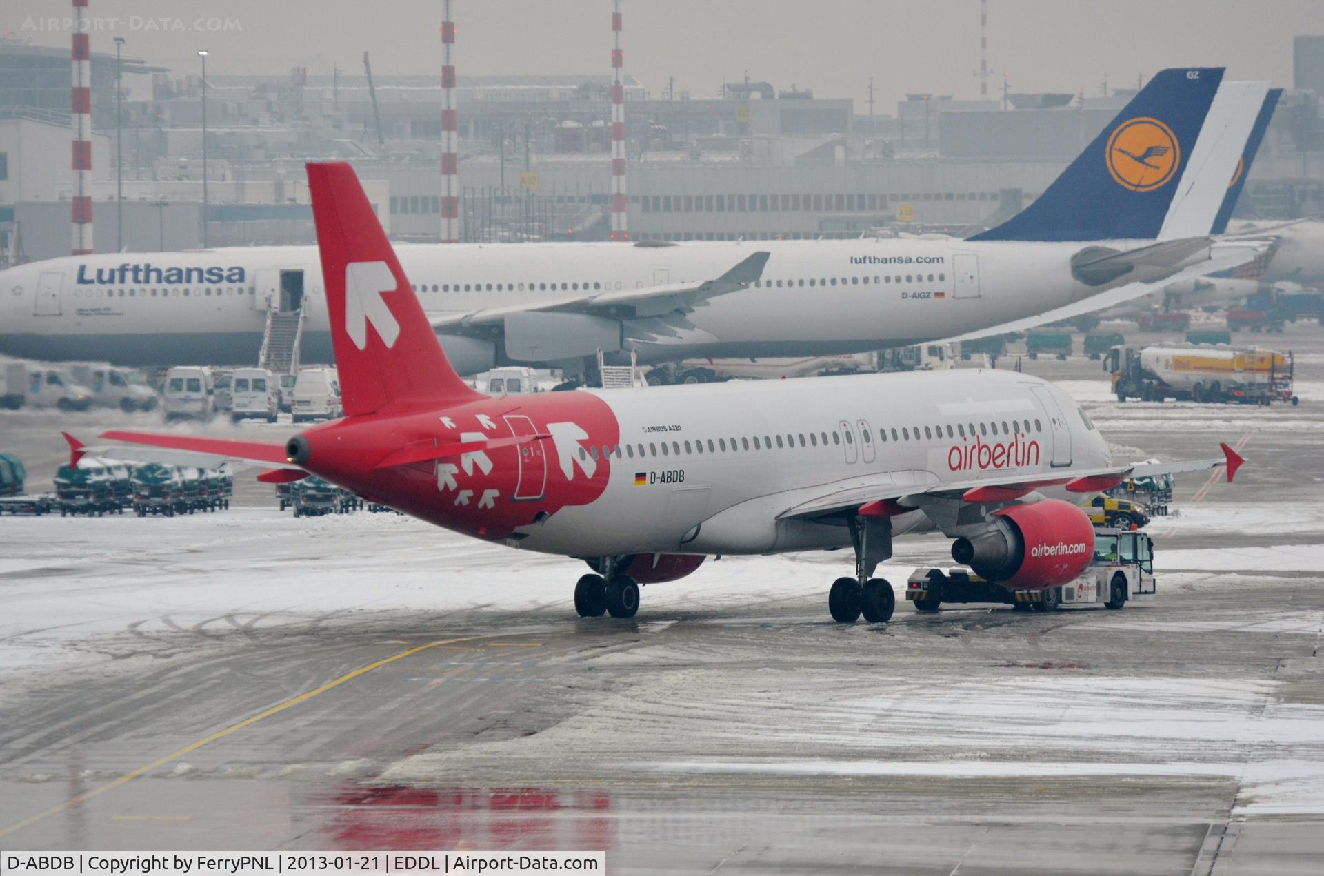 D-ABDB, 2005 Airbus A320-214 C/N 2619, Air Berlin A320 in OLT Jetair c/s being towed out of the hangar.