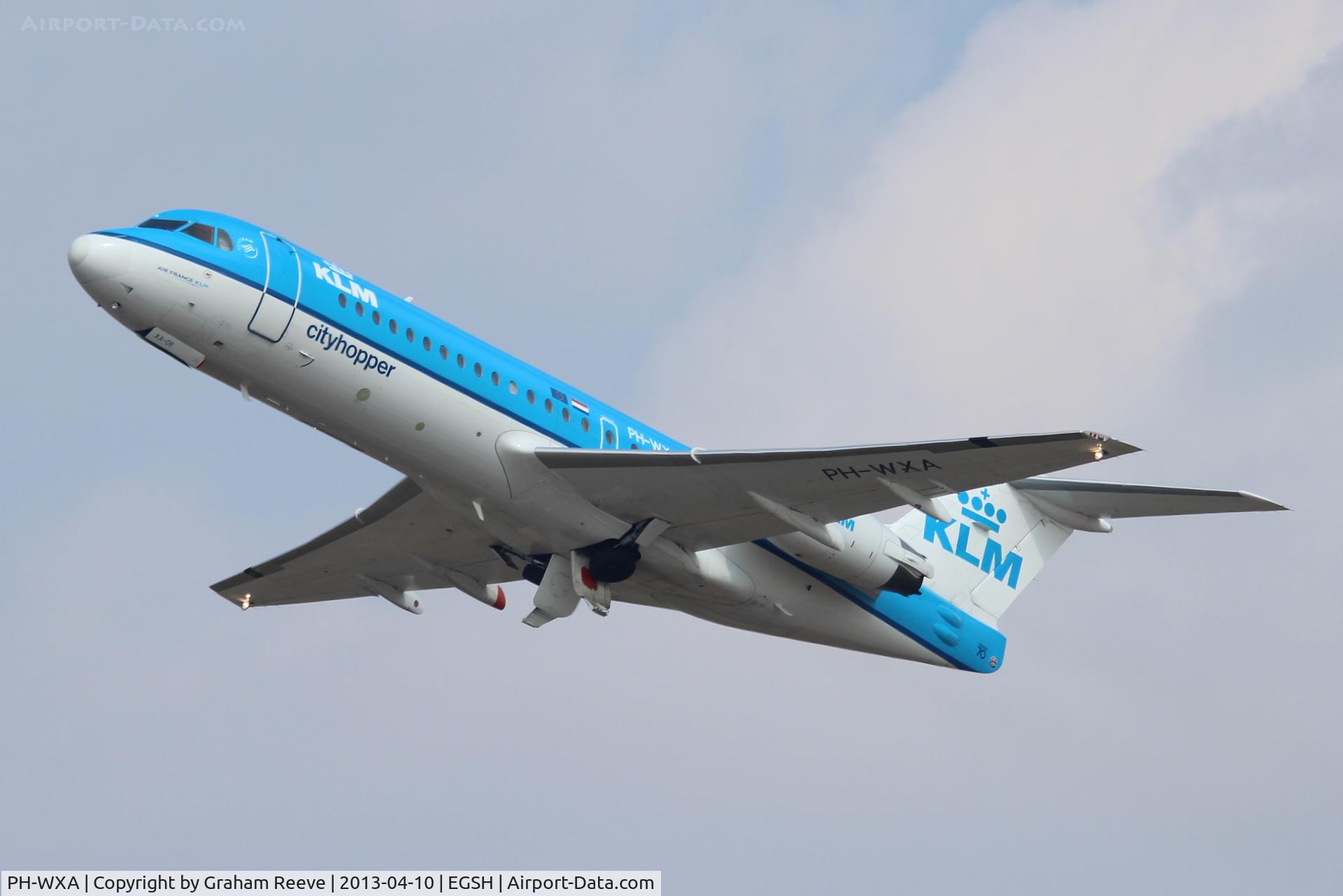 PH-WXA, 1996 Fokker 70 (F-28-0070) C/N 11570, Taking off from Norwich on runway 27.
