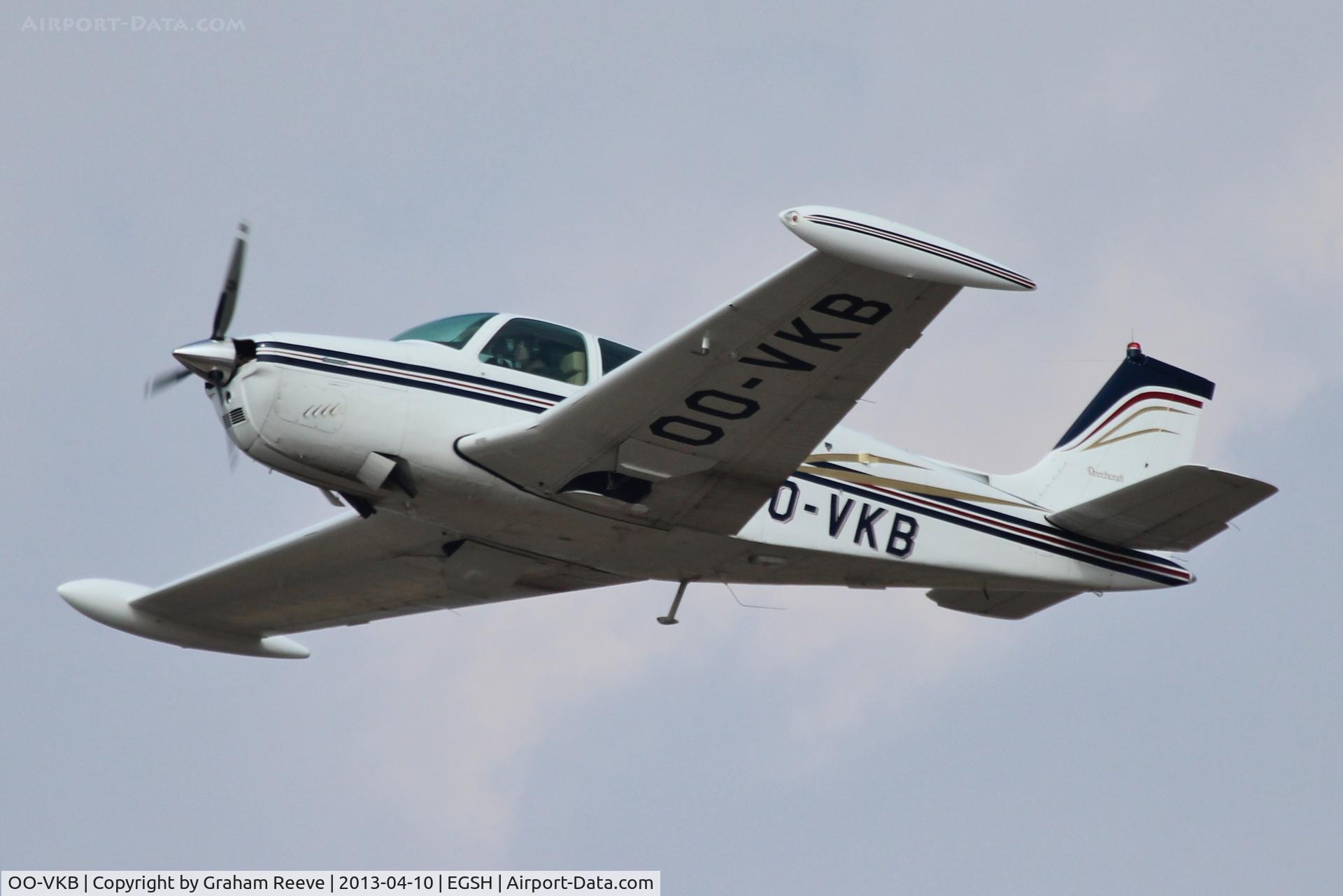 OO-VKB, 1977 Beech A36 Bonanza 36 C/N E-994, Departing from Norwich.