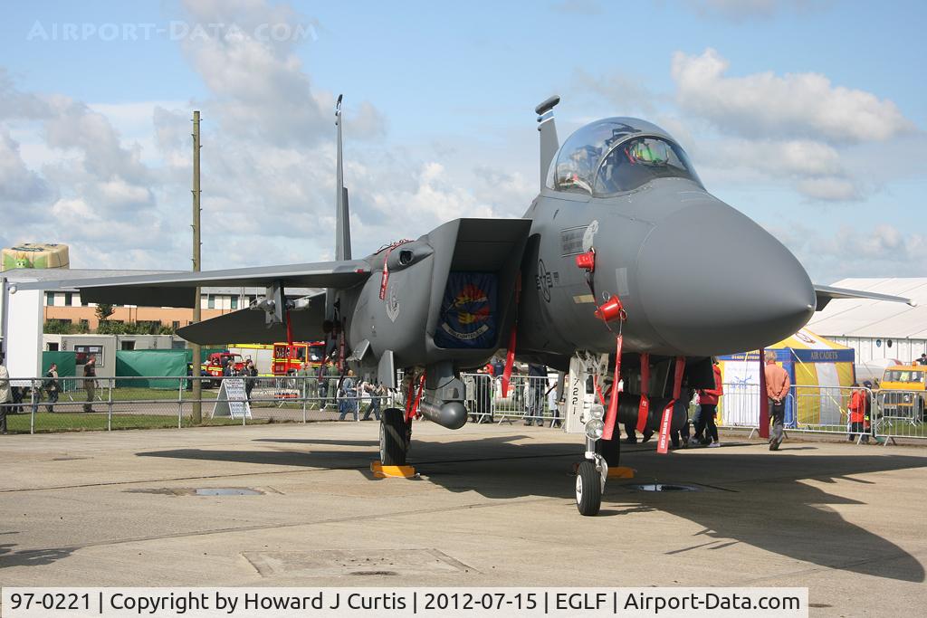 97-0221, 1997 McDonnell Douglas F-15E Strike Eagle C/N 1359/E220, In the static display at the Farnborough Air Show.