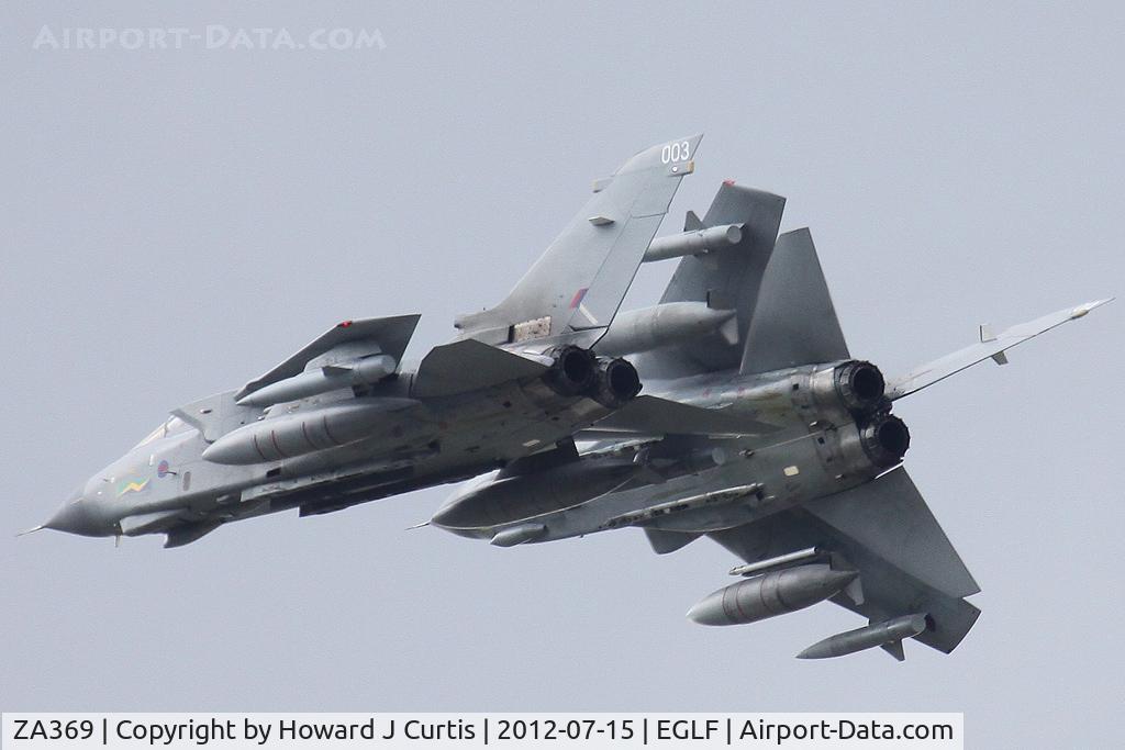 ZA369, 1982 Panavia Tornado GR.4A C/N 166/BS051/3083, XV Sqn role demo pair run and break. At the Farnborough Air Show 2012.