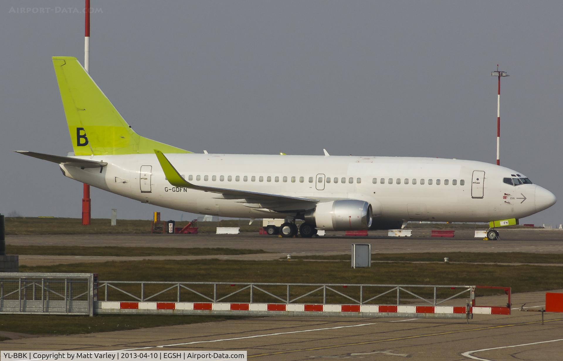 YL-BBK, 1998 Boeing 737-33V C/N 29332, G-GDFN(Jet2) sat on stand outside the KLM hangar.